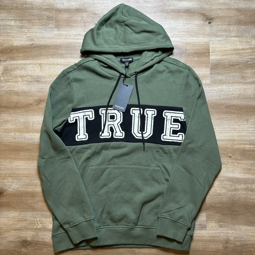 True Religion Pullover Hoodie Mens Large Bronze Green Contrast Panel 700022 New